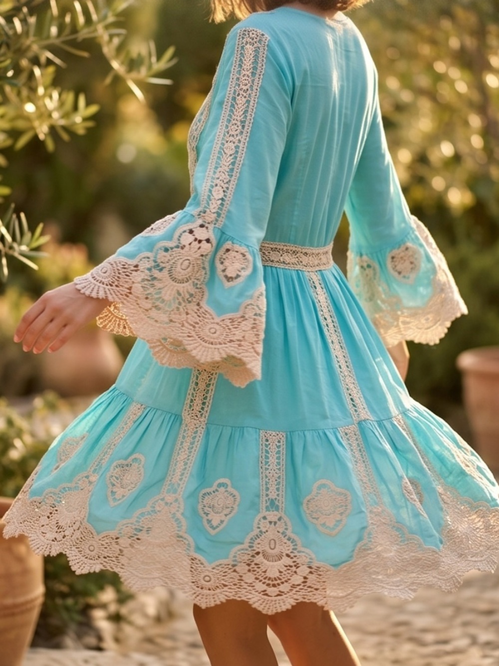 Turquoise Lace-Trim Midi Dress - Women